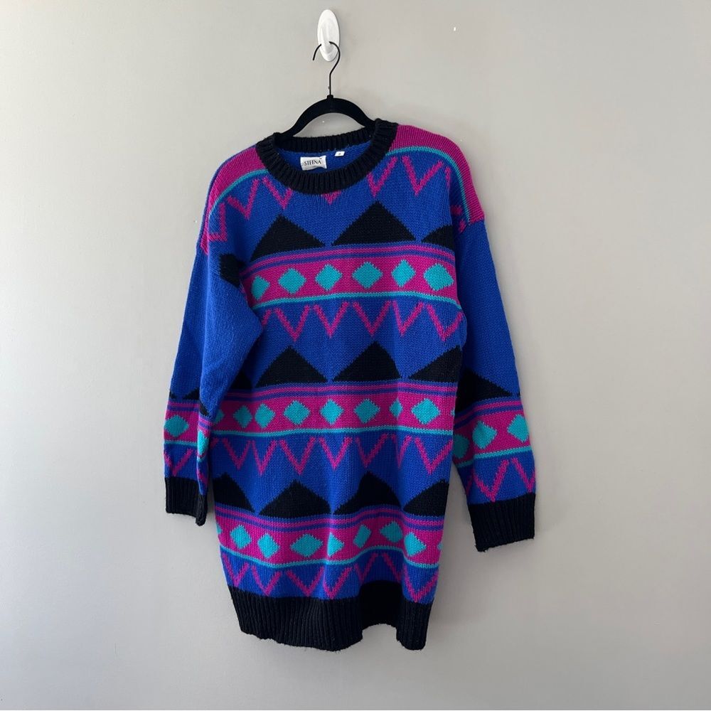 Vintage 80s Steena Colorful Geometric Knit Sweater Pink Blue Size Medium M